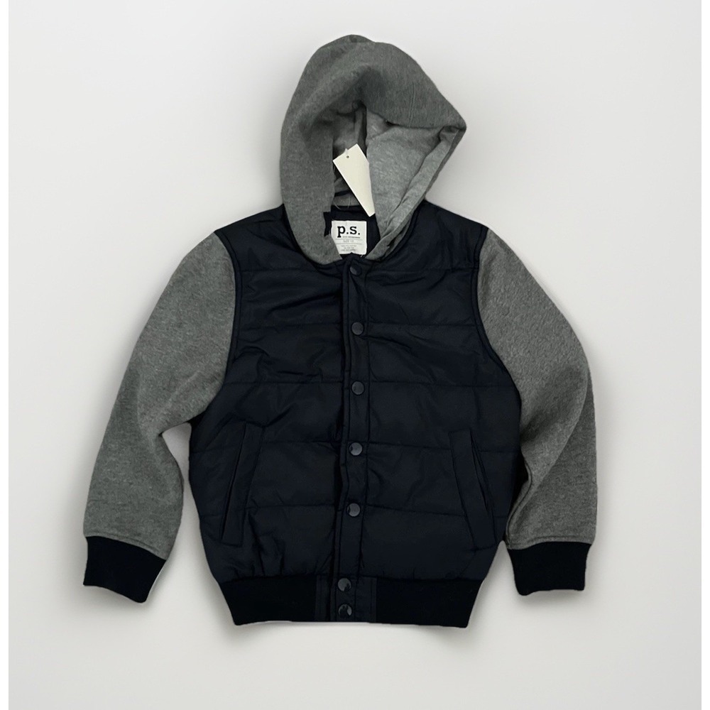 p.s. Boys Bomber Jacket Hooded Quilted Puffer Navy Gray Coat Sweater Sleeves